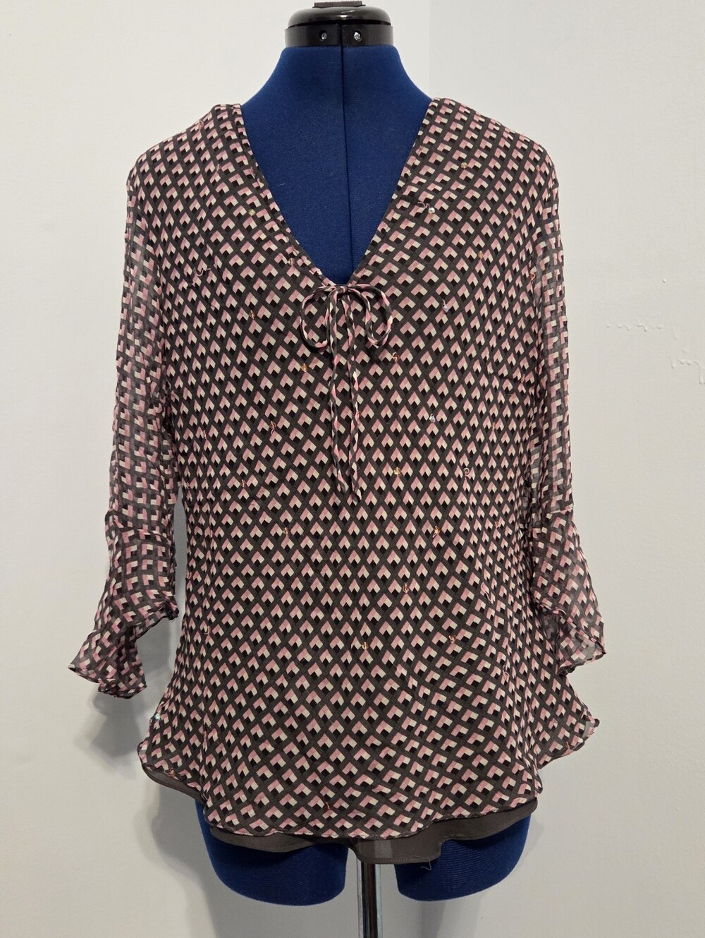 Vintage Gray & Pink Sequin Silk Shirt Size L